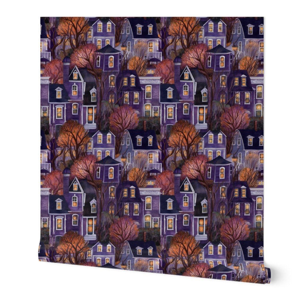 Bright Purple Haunted New England Village Watercolor Wallpaper Bright Purple Haunted New England Village Watercolor Wallpaper