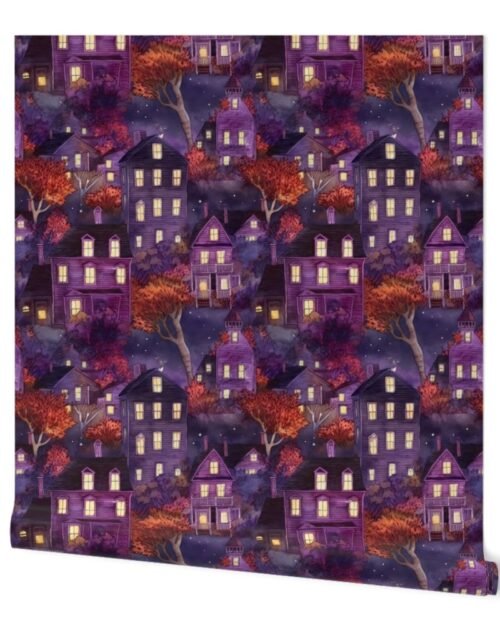 Bright Purple Haunted New England Village Watercolor Wallpaper