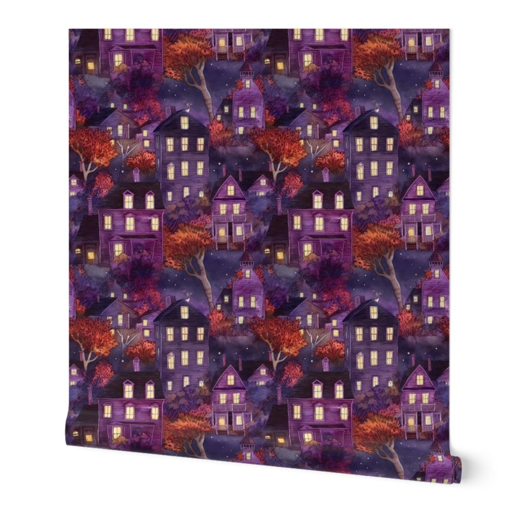 Bright Purple Haunted New England Village Watercolor Wallpaper Bright Purple Haunted New England Village Watercolor Wallpaper