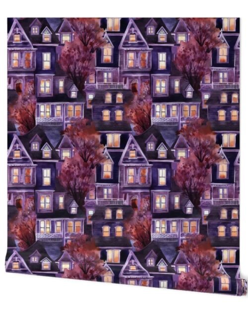 Bright Purple Haunted New England Village Watercolor Wallpaper
