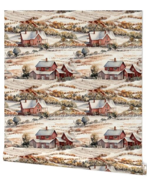 Winter Snowy Farm Landscape Watercolor Wallpaper