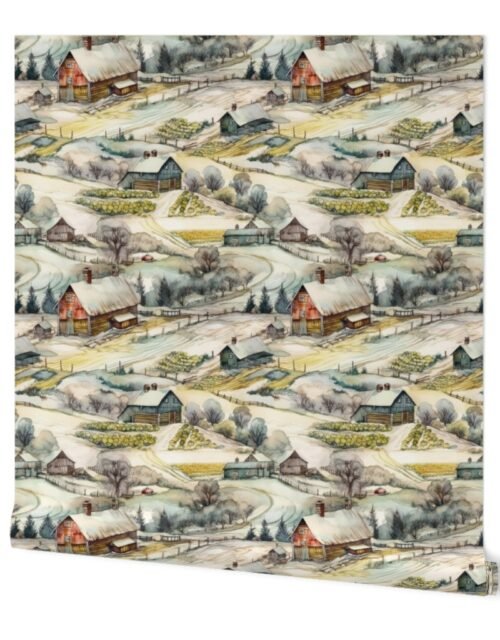 Winter Snowy Farm Landscape Watercolor Wallpaper