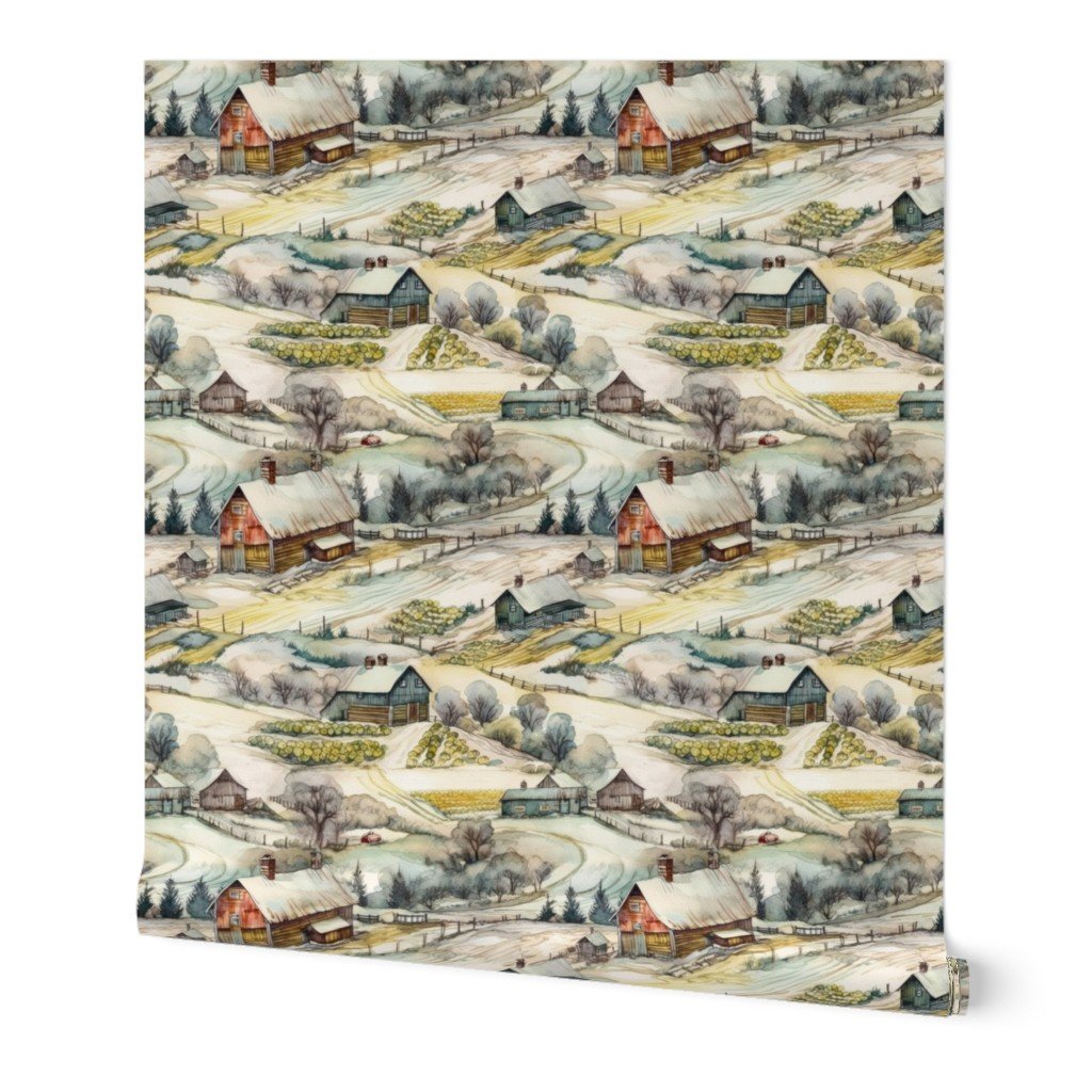 Winter Snowy Farm Landscape Watercolor Wallpaper Winter Snowy Farm Landscape Watercolor Wallpaper