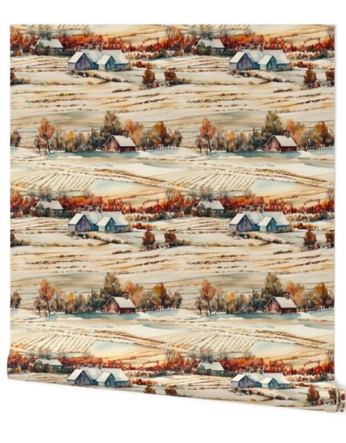 Winter Snowy Farm Landscape Watercolor Wallpaper