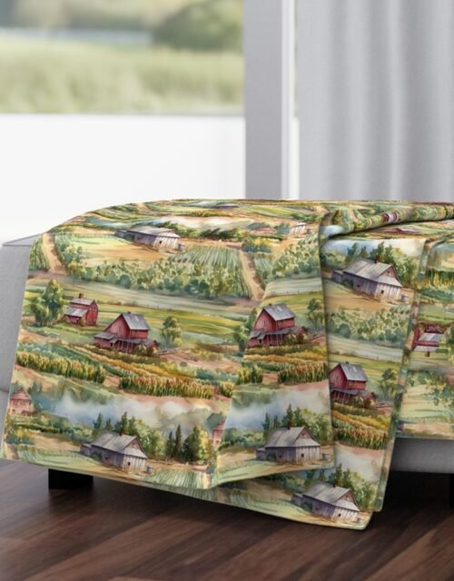 Summer Farm Landscape Watercolor Throw Blanket