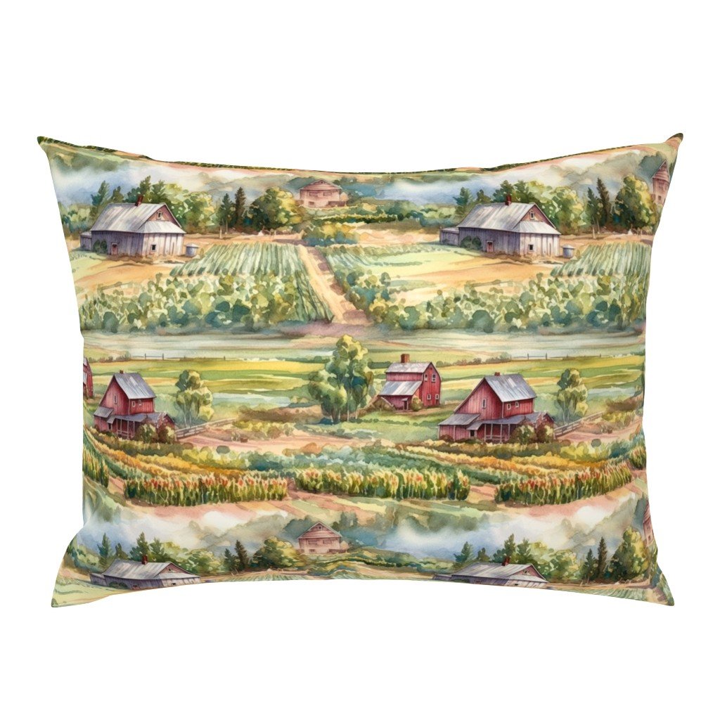 Summer Farm Landscape Watercolor Standard Pillow Sham Summer Farm Landscape Watercolor Standard Pillow Sham