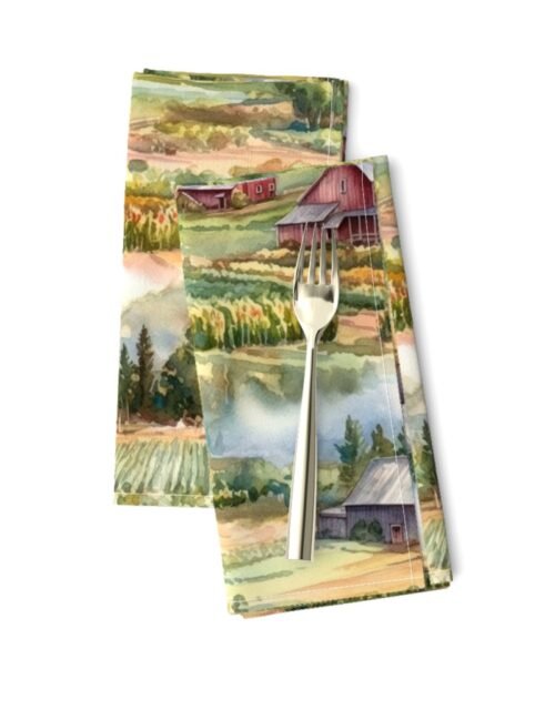 Summer Farm Landscape Watercolor Dinner Napkins