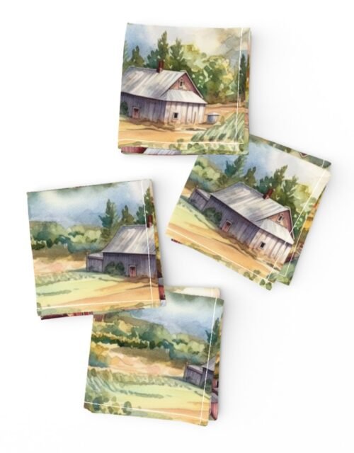 Summer Farm Landscape Watercolor Cocktail Napkins