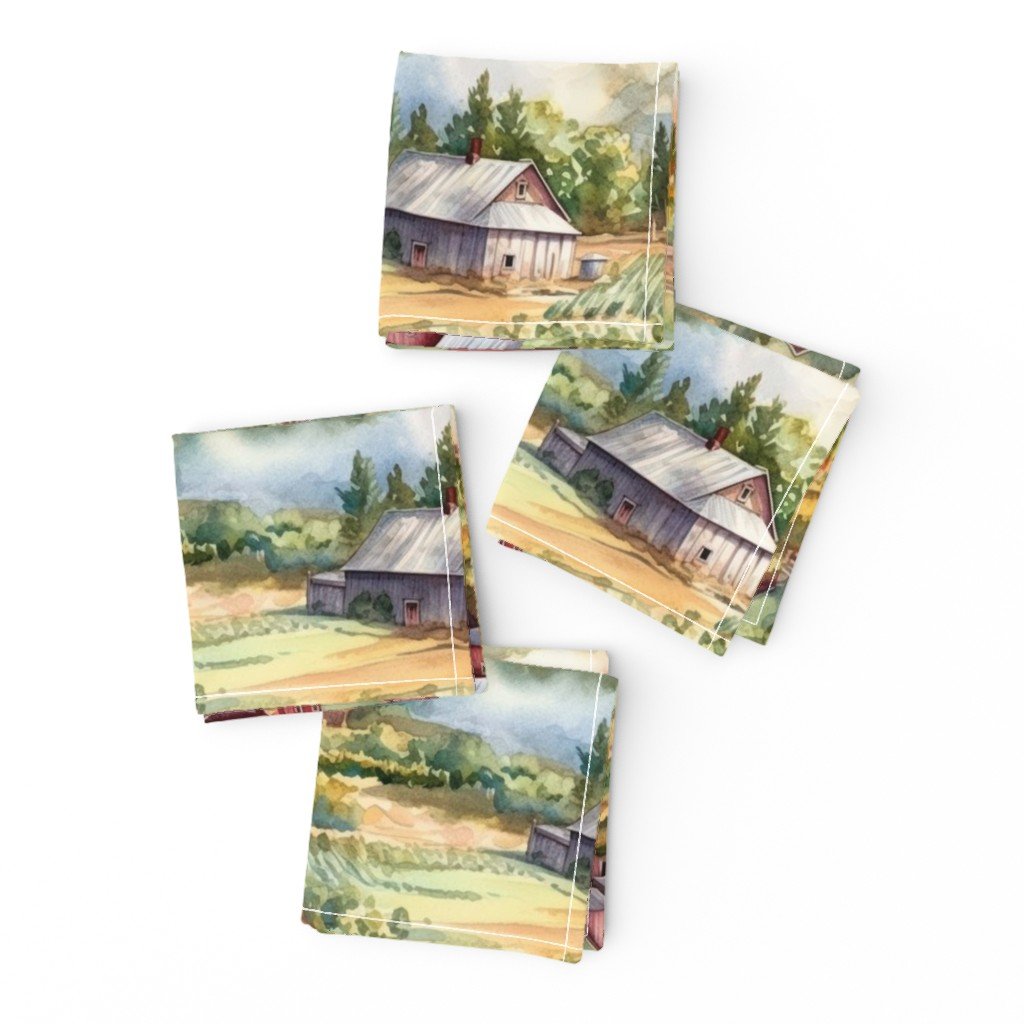 Summer Farm Landscape Watercolor Cocktail Napkins Summer Farm Landscape Watercolor Cocktail Napkins