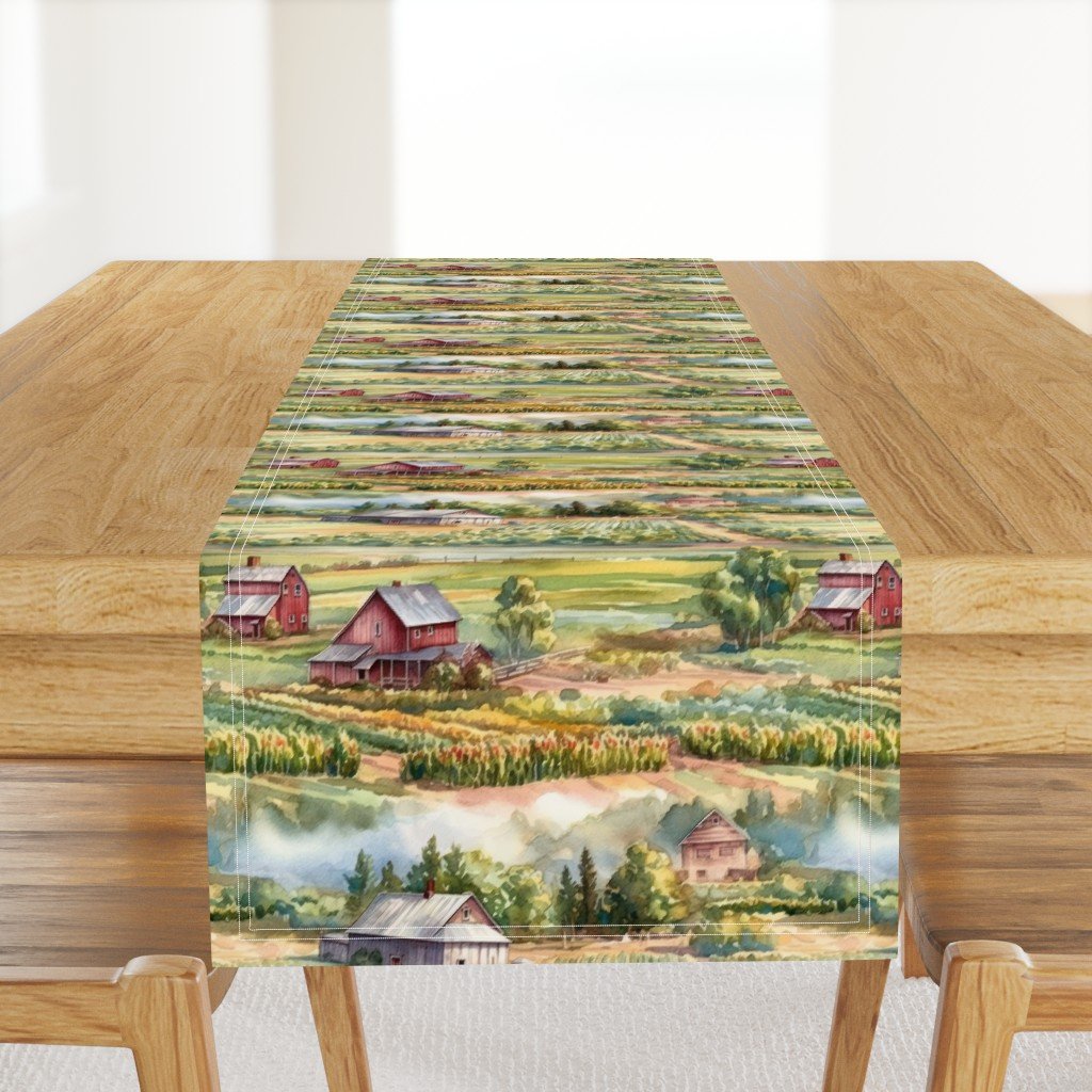 Summer Farm Landscape Watercolor Table Runner Summer Farm Landscape Watercolor Table Runner