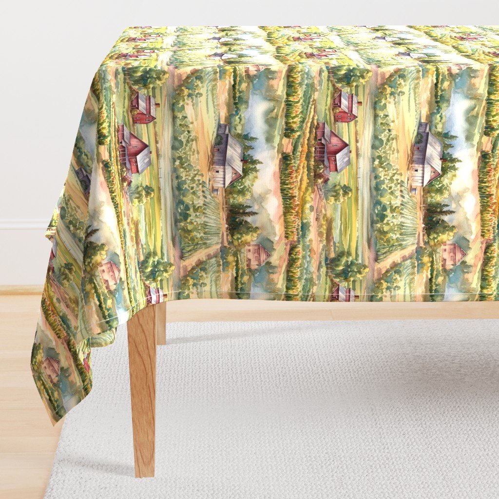 Summer Farm Landscape Watercolor Rectangular Tablecloth Summer Farm Landscape Watercolor Rectangular Tablecloth
