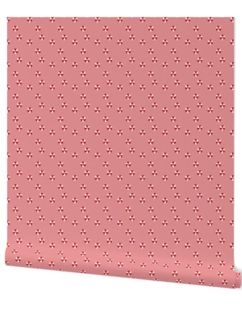 Peppermint Swirls in Red and White Scattered Randomly on Pink Wallpaper