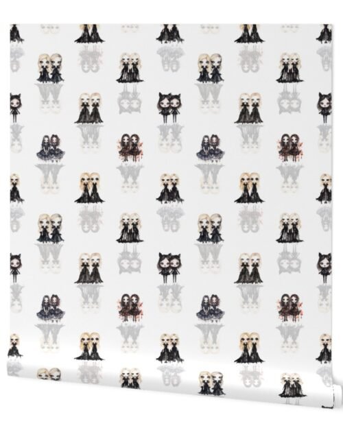 3 inch Big-Eyed Evil Doll Twins in Black with Ghostly Reflection Shadows Wallpaper