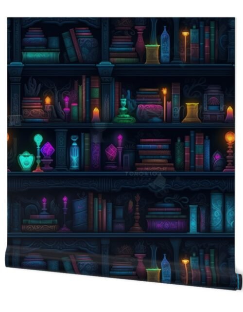 Spooky Photo-realistic Dark Academia Bookshelves in Bright Neons with Glowing Lanterns Wallpaper