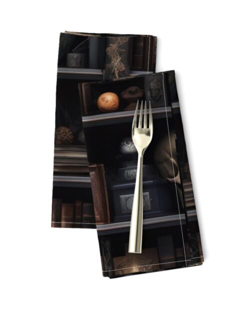 Spooky Photo-realistic Dark Academia Bookshelves in Muted Tones with Glowing Candles and Skulls Dinner Napkins