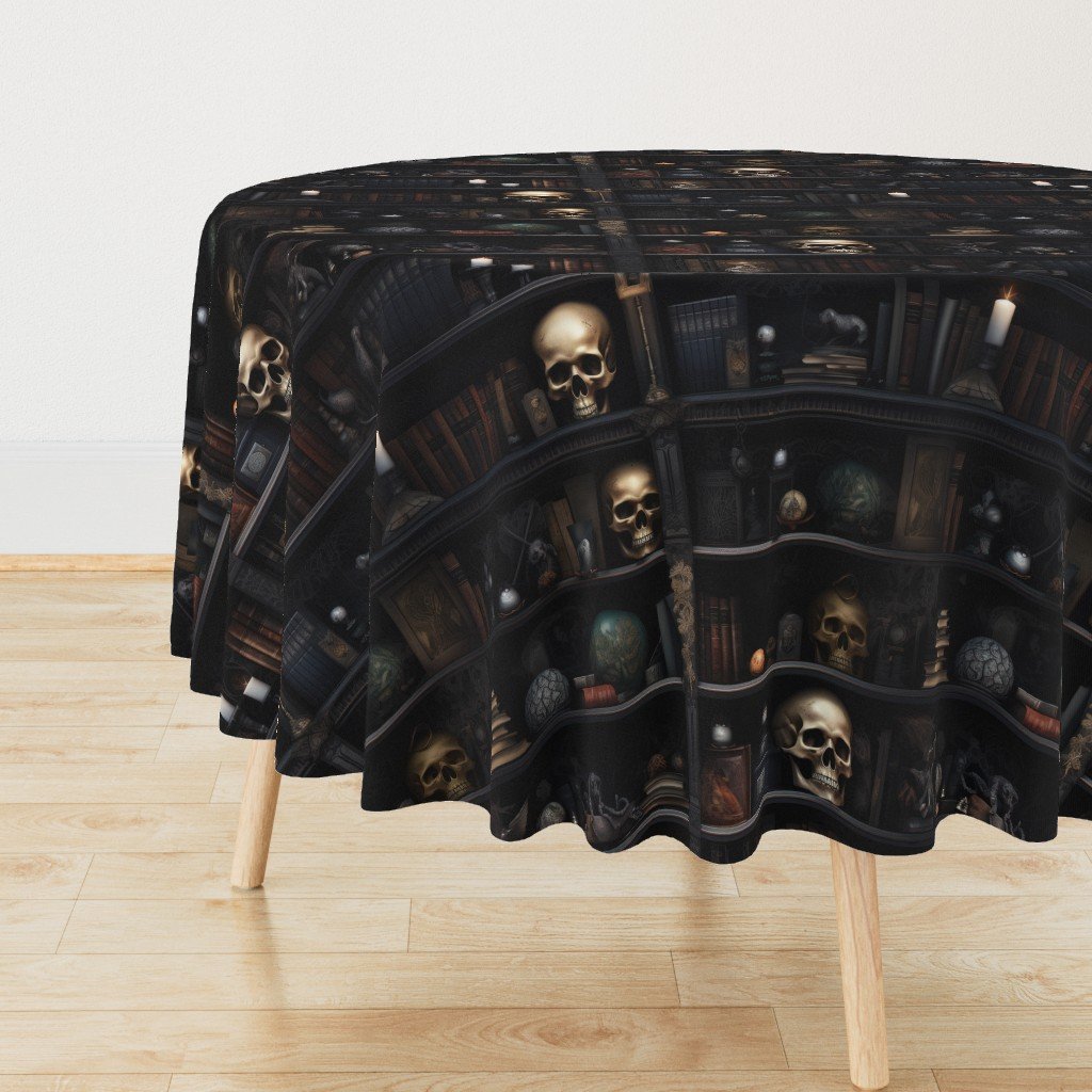 Spooky Photo-realistic Dark Academia Bookshelves in Muted Tones with Glowing Candles and Skulls Round Tablecloth Spooky Photo-realistic Dark Academia Bookshelves in Muted Tones with Glowing Candles and Skulls Round Tablecloth
