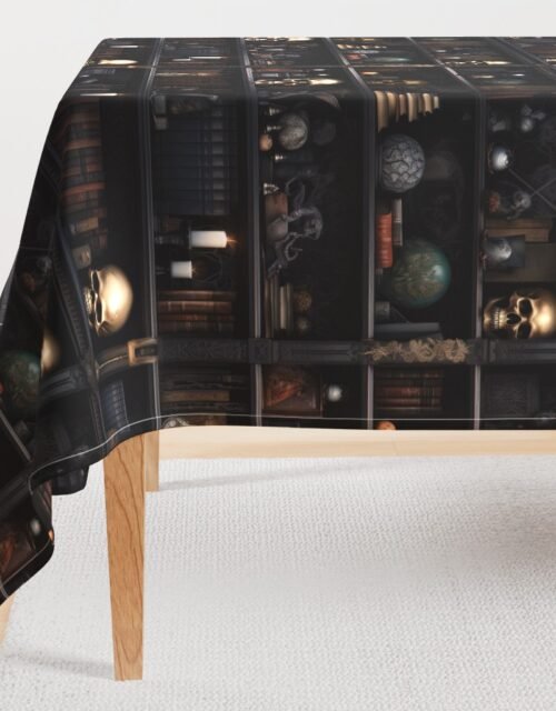 Spooky Photo-realistic Dark Academia Bookshelves in Muted Tones with Glowing Candles and Skulls Rectangular Tablecloth