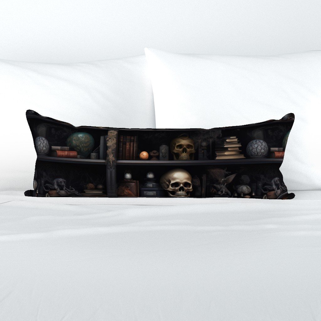 Spooky Photo-realistic Dark Academia Bookshelves in Muted Tones with Glowing Candles and Skulls Extra Long Lumbar Pillow Spooky Photo-realistic Dark Academia Bookshelves in Muted Tones with Glowing Candles and Skulls Extra Long Lumbar Pillow