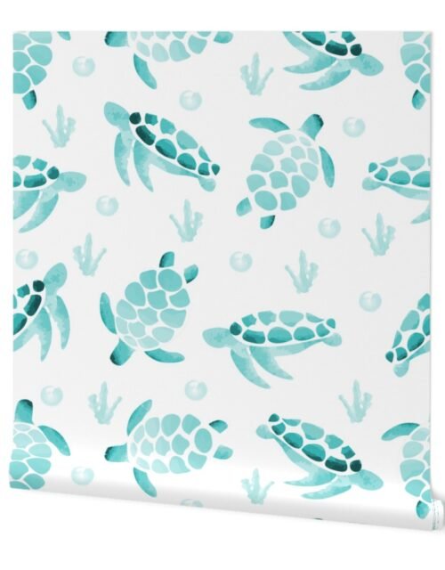 Large Aqua Ombre Watercolor Sea Turtle Print Wallpaper