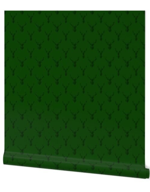 Large Black and Green Tartan Silhouetted Buck Deer Trophy Heads with Antler Racks Mounted on Green Wallpaper