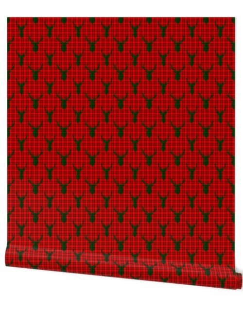 Large Green and Black Tartan Silhouetted Buck Deer Trophy Heads with Antler Racks Mounted on Red and Green Tartan Wallpaper