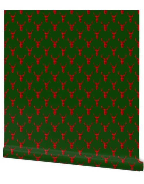 Large Red and Black Tartan Silhouetted Buck Deer Trophy Heads with Antler Racks Mounted on Green Wallpaper