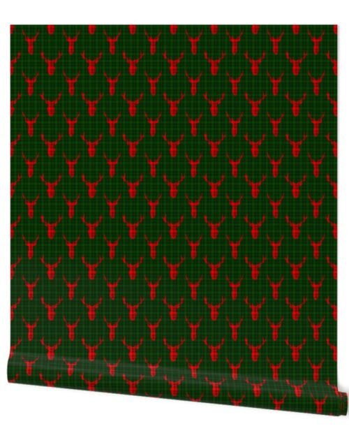 Large Red and Black Tartan Silhouetted Buck Deer Trophy Heads with Antler Racks Mounted on Green and Black Tartan Wallpaper