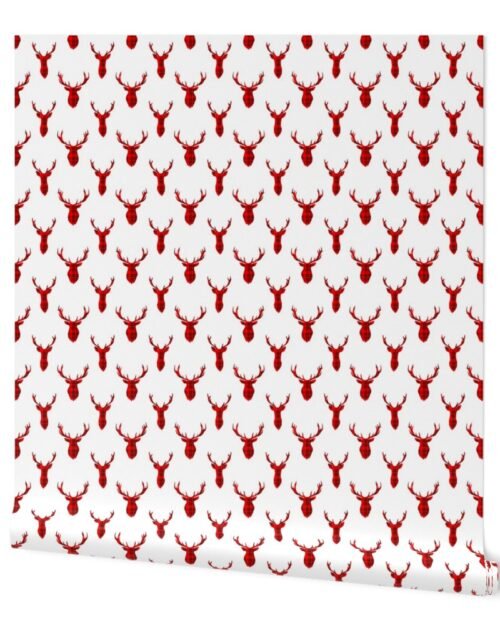 Red and Black Tartan Silhouetted Buck Deer Trophy Heads with Antler Racks Mounted on White Wallpaper