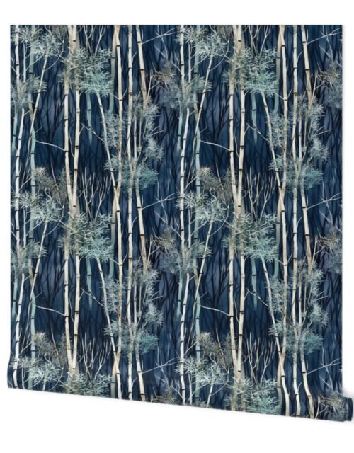 Bamboo Trees in Endless Forest Grove in Muted Winter Blue Watercolors Wallpaper