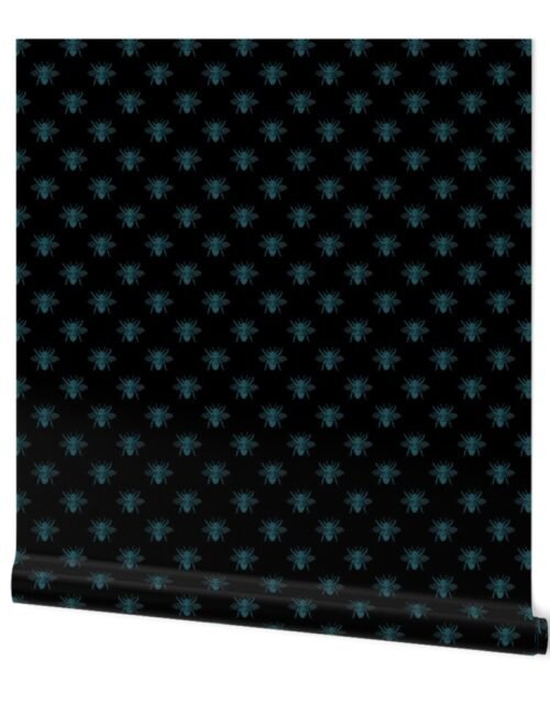 Aqua Blue Faux-foiled Bees on Black Wallpaper