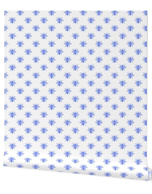 Blue Faux-foiled Bees on White Wallpaper