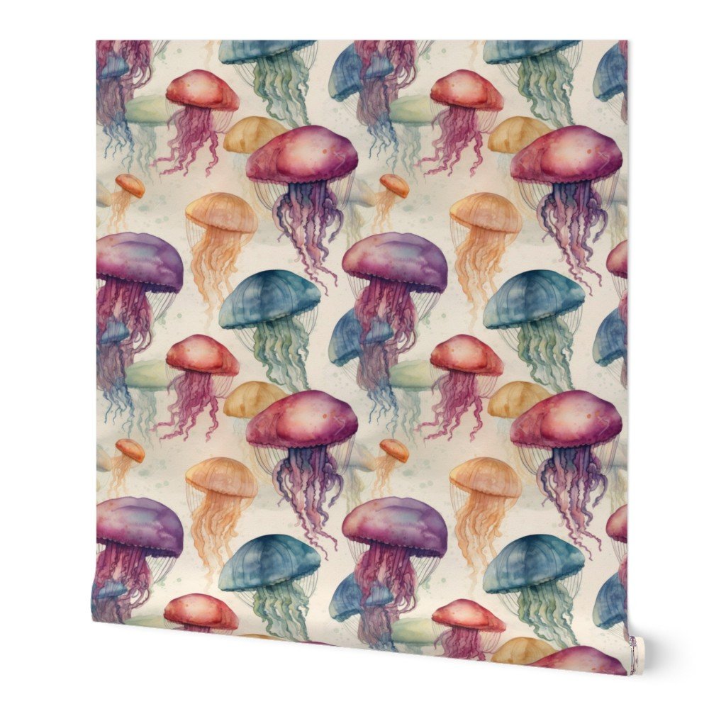 Underwater Watercolor of Brightly Colored Jelly Fish with Tentacles on Cream Wallpaper
