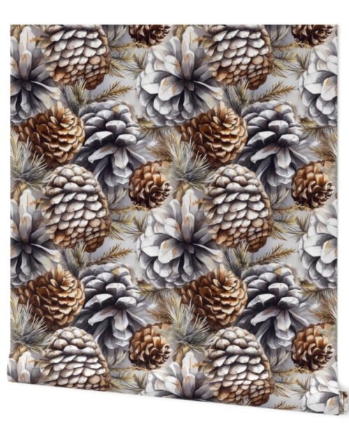 Snow Covered Faux Silver and Gold_Pinecones Watercolor Wallpaper