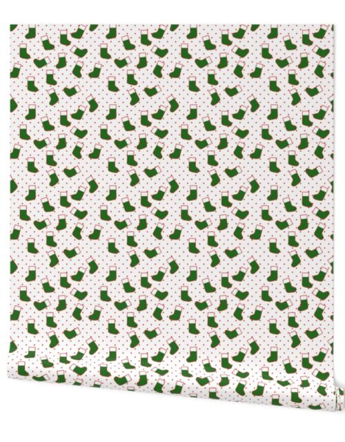 Green Christmas Stockings with Red Dots on White Wallpaper