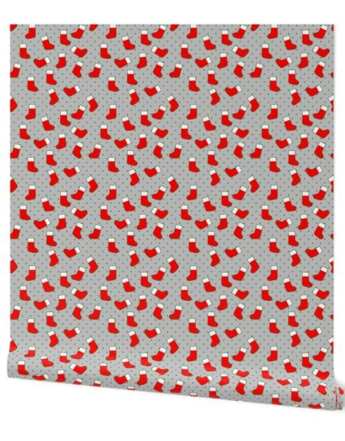 Red Christmas Stockings with Green Dots on  Silver Wallpaper