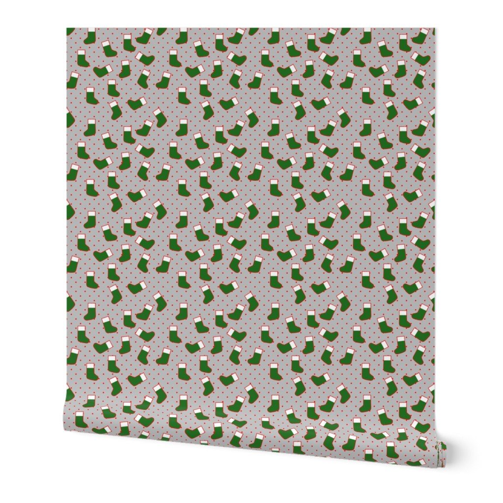 Green Christmas Stockings with Red Dots on Silver Wallpaper Green Christmas Stockings with Red Dots on Silver Wallpaper