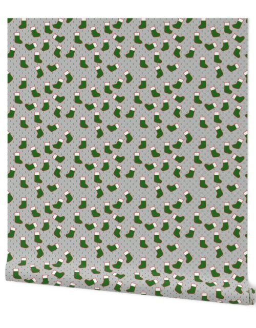 Green Christmas Stockings with Green  Dots on Silver Wallpaper