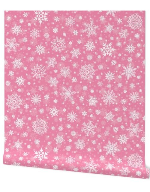 Large Merry Bright Rose and White Splattered Snowflakes Wallpaper