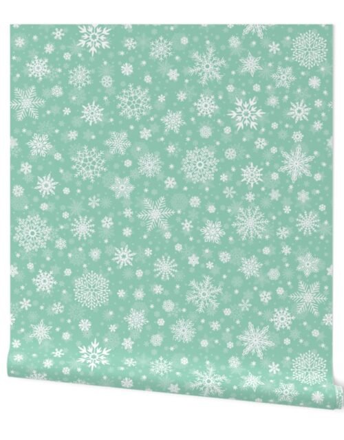 Large Merry Bright Mint Green and White Splattered Snowflakes Wallpaper