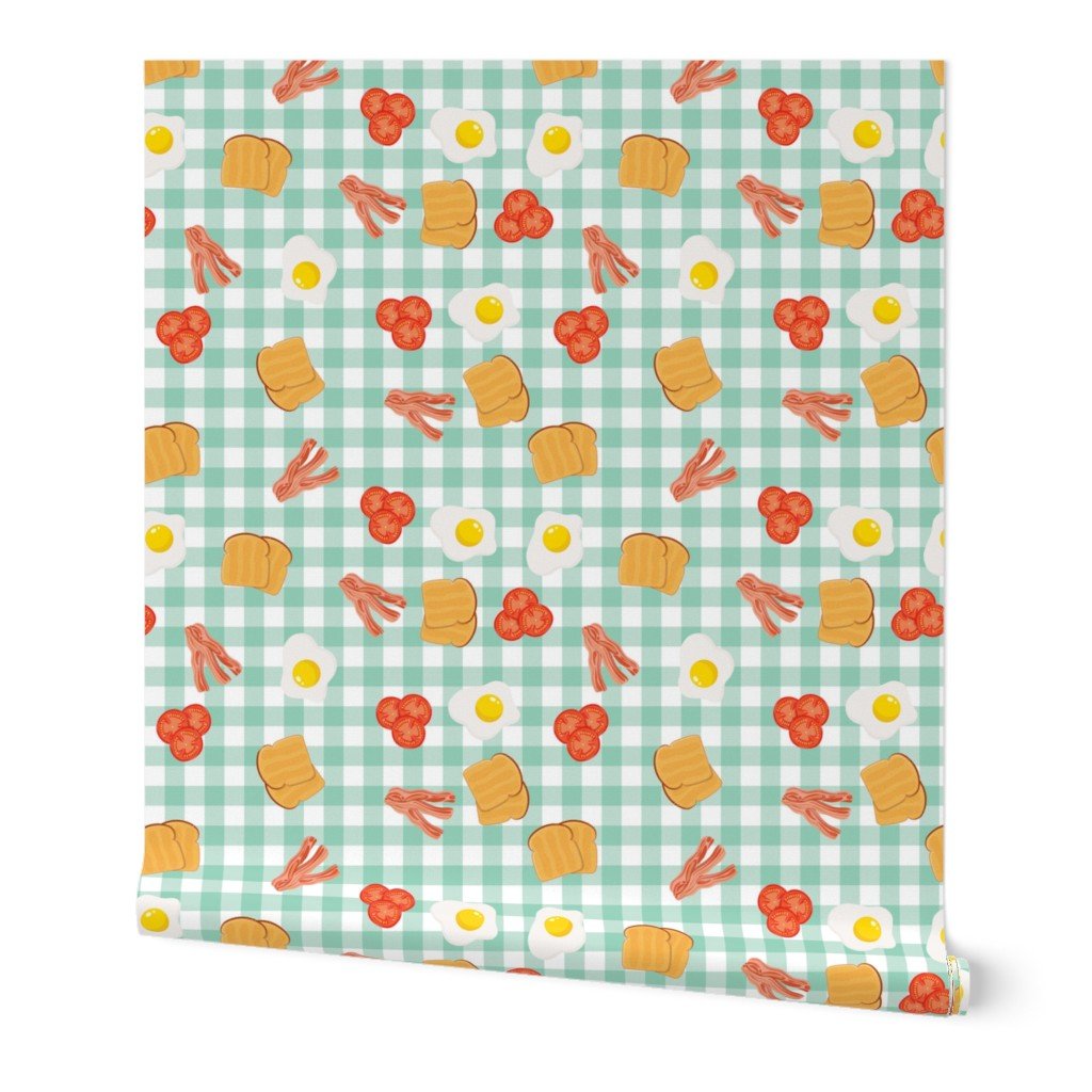 English Cooked Breakfast Bacon, Eggs, Tomato and Toast on Green Gingham Check Wallpaper English Cooked Breakfast Bacon, Eggs, Tomato and Toast on Green Gingham Check Wallpaper