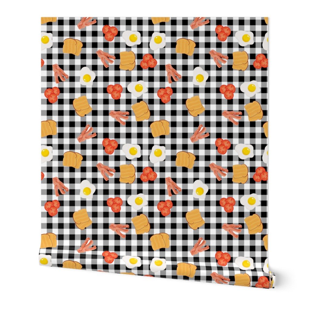 English Cooked Breakfast Bacon, Eggs, Tomato and Toast on Black Gingham Check Wallpaper English Cooked Breakfast Bacon, Eggs, Tomato and Toast on Black Gingham Check Wallpaper