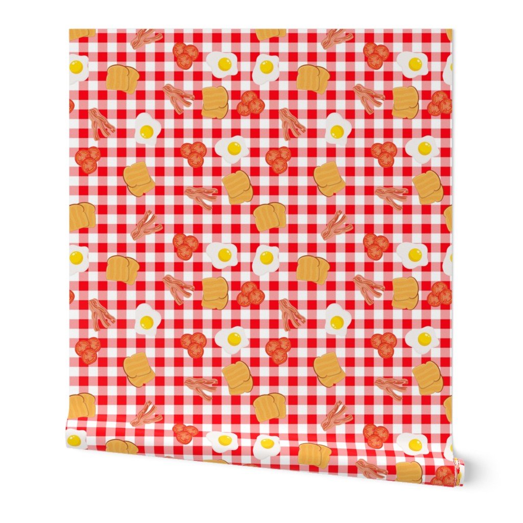 English Cooked Breakfast Bacon, Eggs, Tomato and Toast on Red Gingham Check Wallpaper English Cooked Breakfast Bacon, Eggs, Tomato and Toast on Red Gingham Check Wallpaper