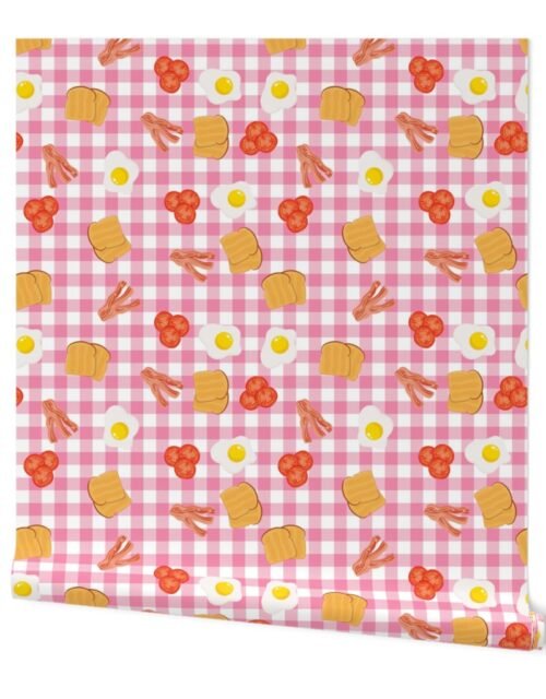 English Cooked Breakfast Bacon, Eggs, Tomato and Toast on Rose Gingham Check Wallpaper