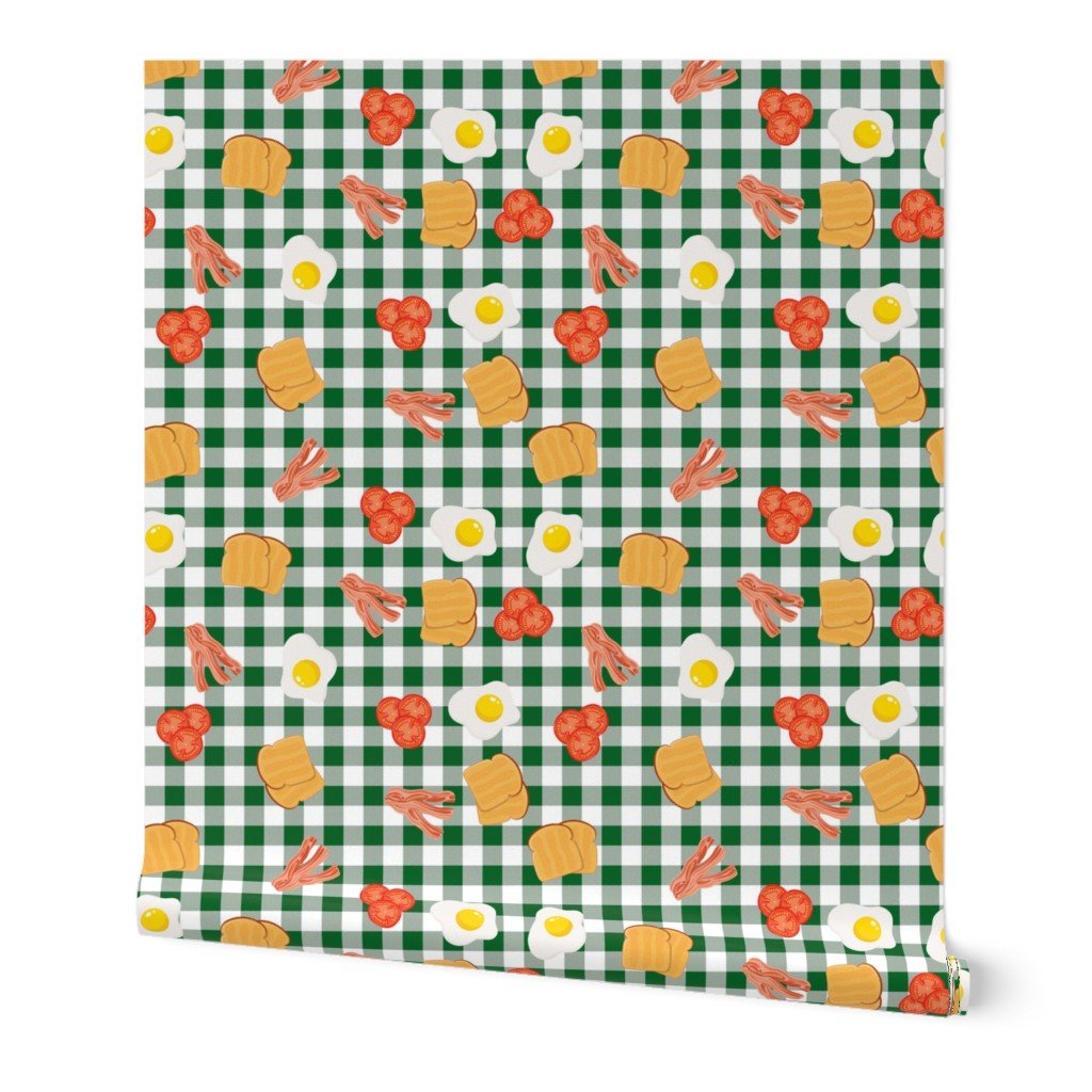 English Cooked Breakfast Bacon, Eggs, Tomato and Toast on Dark Green Gingham Check Wallpaper English Cooked Breakfast Bacon, Eggs, Tomato and Toast on Dark Green Gingham Check Wallpaper