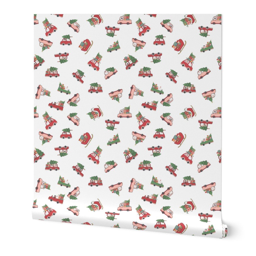 Cats in Christmas Cars and Sleigh Doodles in Holiday Colors Red and Green on White Wallpaper Cats in Christmas Cars and Sleigh Doodles in Holiday Colors Red and Green on White Wallpaper
