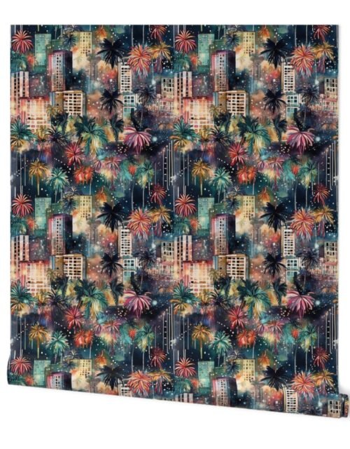 Miami at New Year's in Watercolors with Fairy Lights and Landmarks Wallpaper