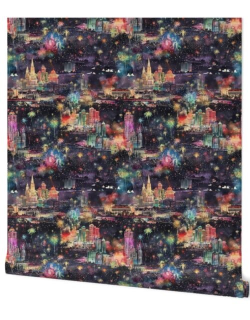 Las Vegas at New Year's in Watercolors with Fairy Lights and Landmarks Wallpaper