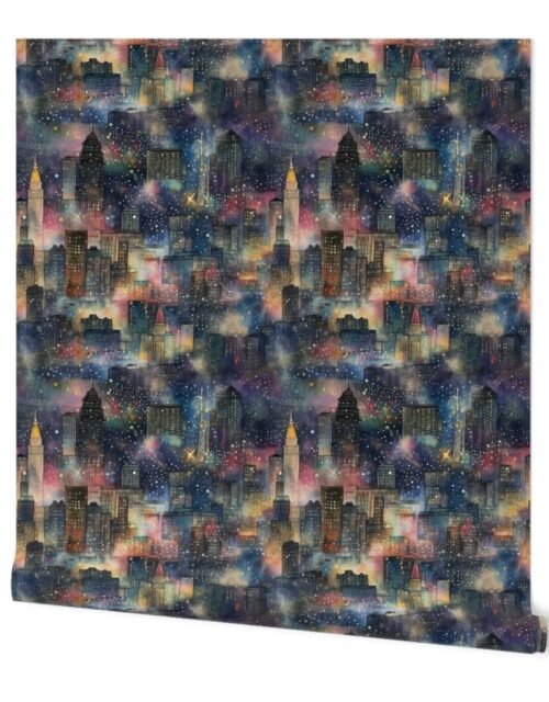 Chicago at New Year's in Watercolors with Fairy Lights and Landmarks Wallpaper