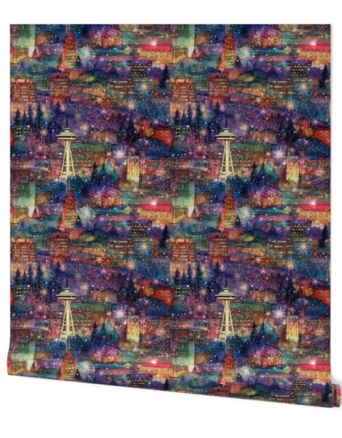 Seattle at New Year's in Watercolors with Fairy Lights and Landmarks Wallpaper