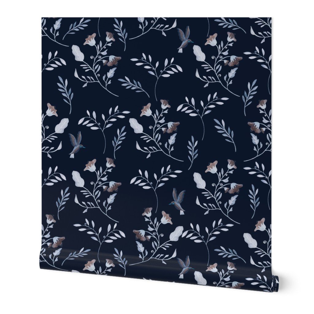 Bluebells and Bluebirds Floral Pattern on Midnight Blue Wallpaper Bluebells and Bluebirds Floral Pattern on Midnight Blue Wallpaper